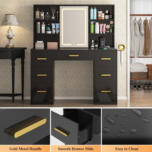 47'' Large Vanity Desk with Mirror and Lights, 7 Drawers, 8 Storage Shelves Vanity Table, Big Makeup Vanity Desk with 3 LED Lighting Modes