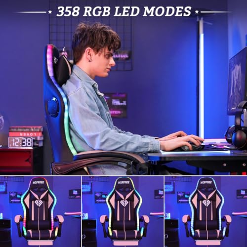 HOFFREE RGB Gaming Chair with Speakers Massage Computer Gaming Chair with LED Lights and Footrest High Back Video Game Chair for Adults Blue and Black