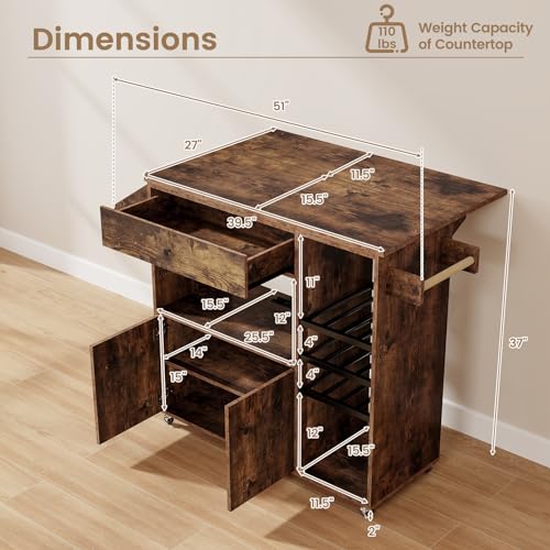 Rolling Kitchen Island with Drop Leaf & Power Outlet, Microwave Cart with Storage Cabinet, Drawer, Wine & Cup Holder, Spice & Towel Rack