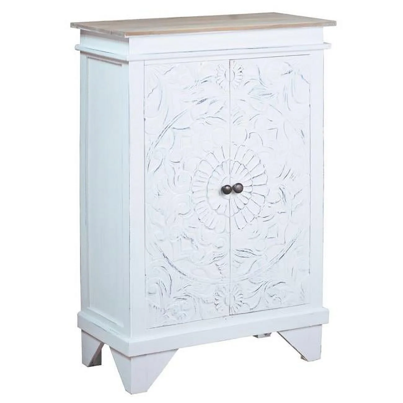 Cottage Solid Wood Carved Accent Cabinet in Distressed White/Driftwood Brown