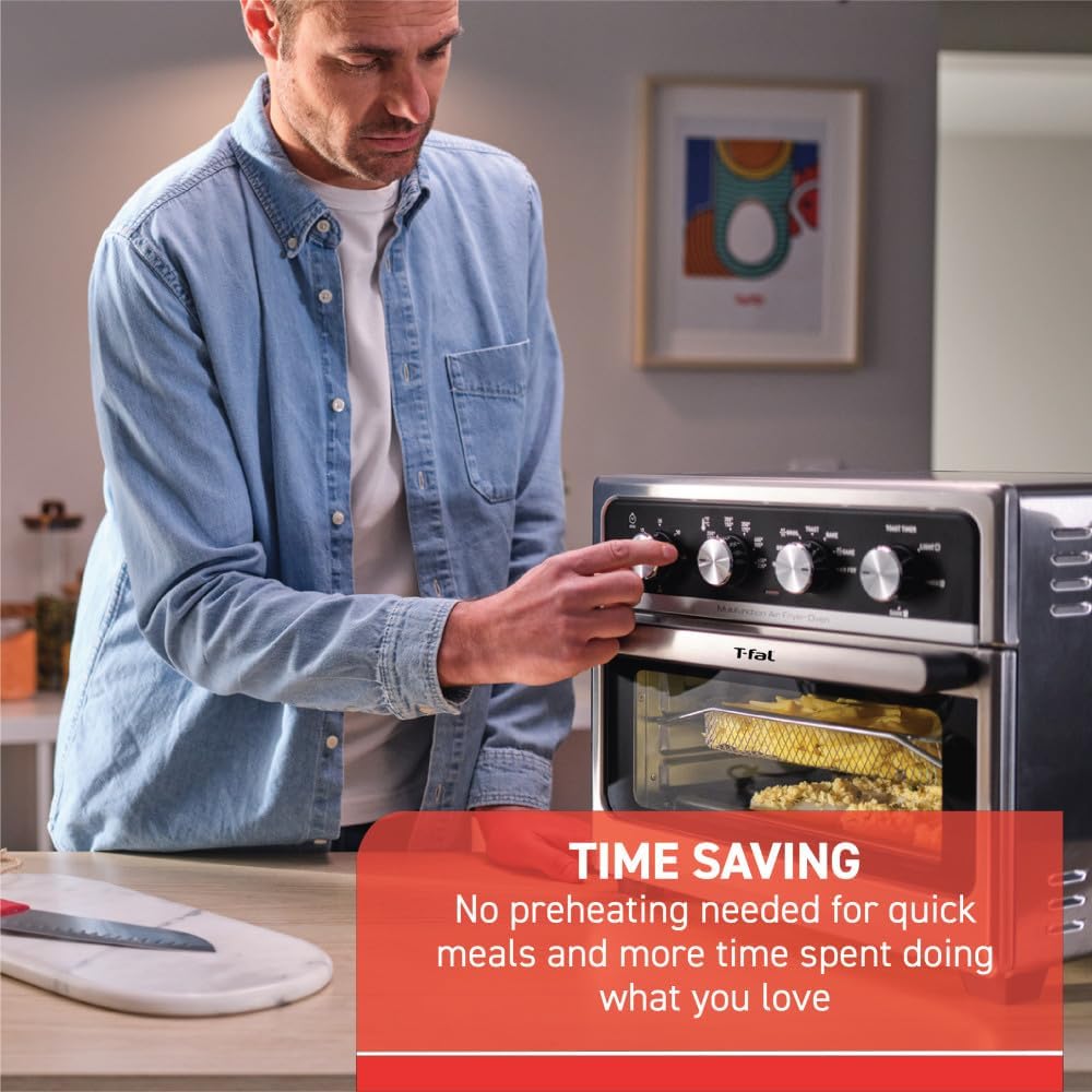 T-fal 9 in 1 Toaster Oven Air Fryer Combo Stainless Steel Convection Countertop Oven, Fast Heatup, 7 Pound Chicken Capacity, Extra Crispy Results