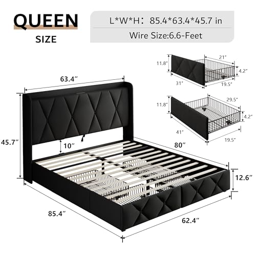 iPormis Queen Bed Frame with 4 Storage Drawers, Upholstered Platform Bed Frame with Charging Station, Modern Wingback Storage Headboard