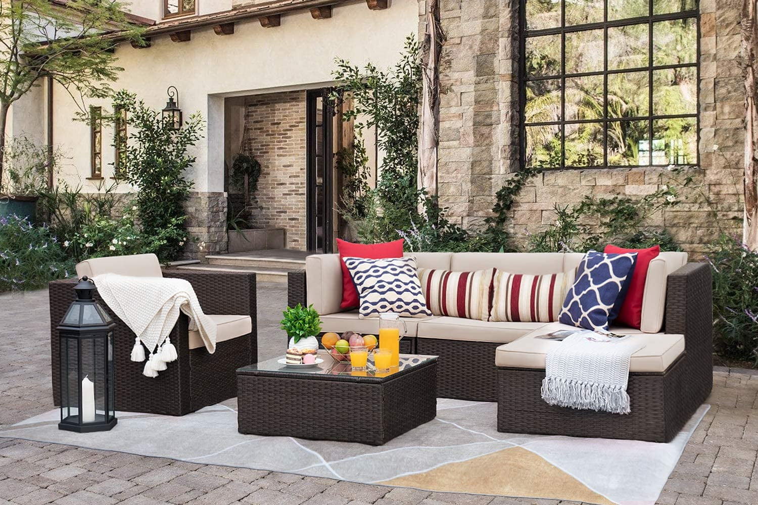 Lacoo 6 Pieces Patio Indoor Furniture Set Outdoor Sectional Sofa Outdoor Furniture, Beige, Sectional Sets, 2, Steel