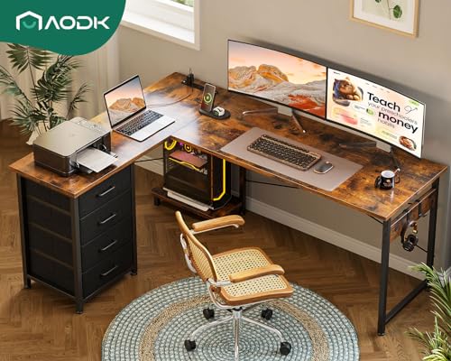 AODK L Shaped Gaming Desk with 4 Drawers, 61" Reversible Home Office Desks with Power Outlets
