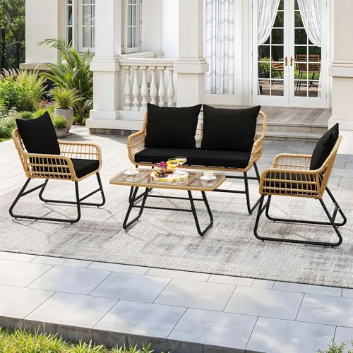 YITAHOME 4-Piece Patio Furniture Wicker Outdoor Bistro Set, All-Weather Rattan Conversation Loveseat Chairs for Backyard