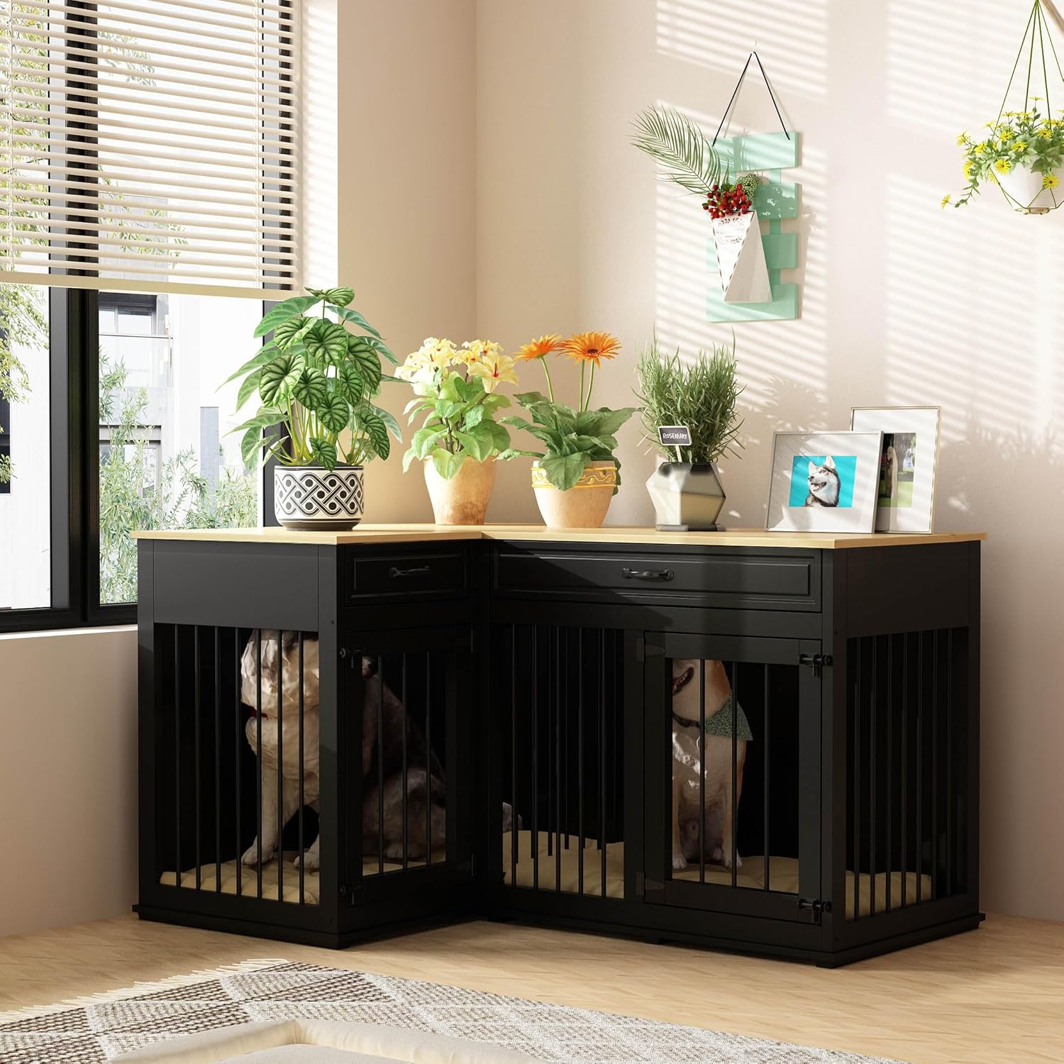 Large Corner Dog Crate Furniture for 2 Dogs, 51" Indoor Wooden Furniture Style Dog Kennel House with Double Rooms