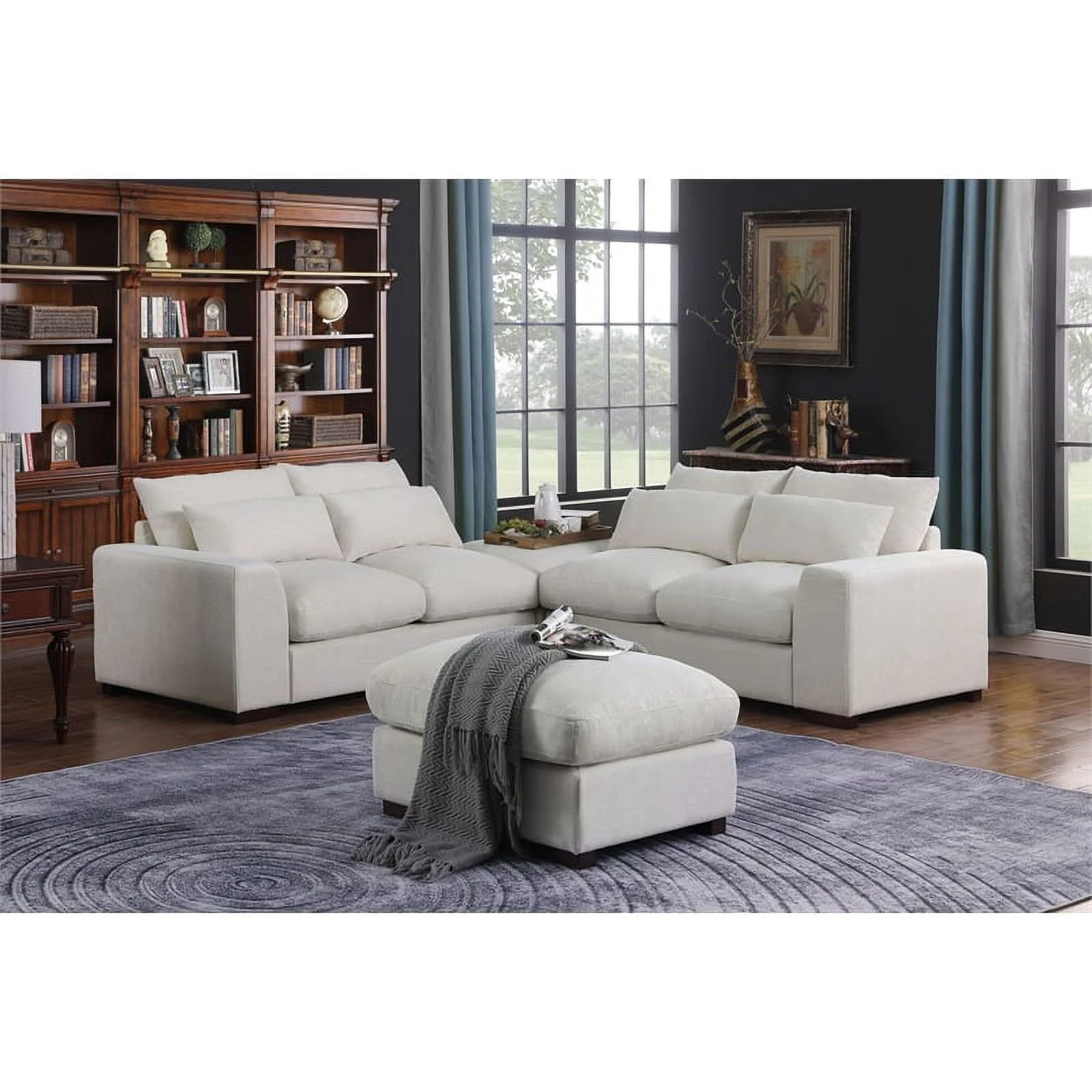 Reversible Modular Sectional Fabric Sofa With Two Ottoman-Beige