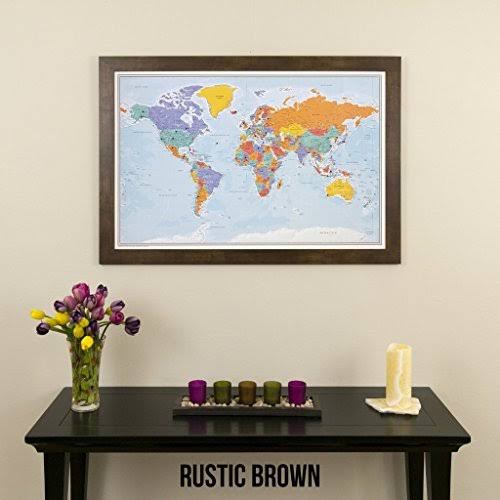 Push Pin World Travel Map with Rustic Brown Frame and Pins - Blue Oceans - 27.5