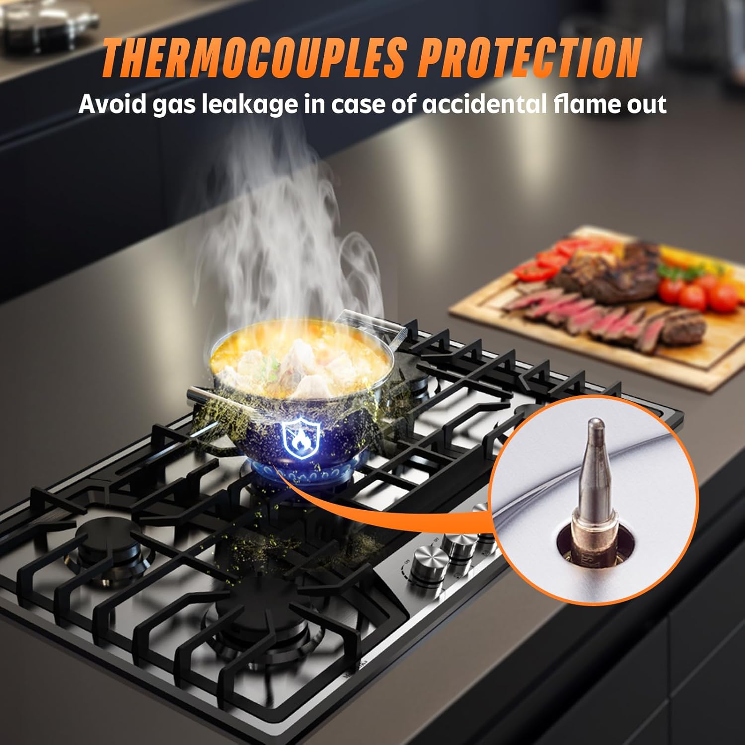 36 Inch Gas Cooktop, Maharlika Gas Stove Top Bulit-in with 5 Burner Stainless Steel Total 41,132 BTU, 36" NG/LPG Convertible Cooktops Dual Fuel