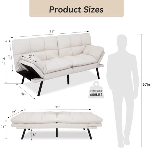 71" Convertible Futon Sofa,Faux Leather Futon Couch Bed,Sleeper Sofa Bed,Memory Foam Modern Folding Small Loveseat for Living Room,Office,Apartment
