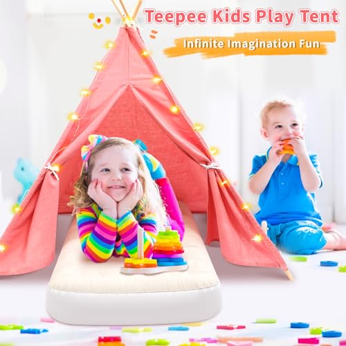 6 Pack Teepee Tent for Kids [Thickened] with Light String and Inflatable Airbed, Slumber Party Tents
