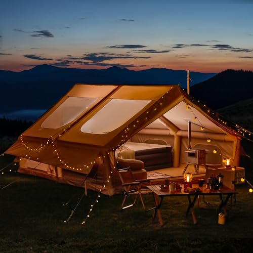 YOLENY Extra Large Inflatable Camping Tent, Glamping Tents Easy Setup 4 Season Windproof Outdoor Cotton Tent with Stove Jack & Mesh Windows & Pump