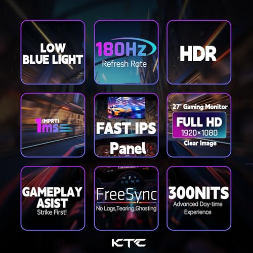 Gaming Monitor 27 inch 180hz 1ms | Fast IPS Screen 1080p Monitor|2 x HDMI 2.0 &1 x Display Port 1.4 | Support Freesync and Wall Mount | 108% sRGB