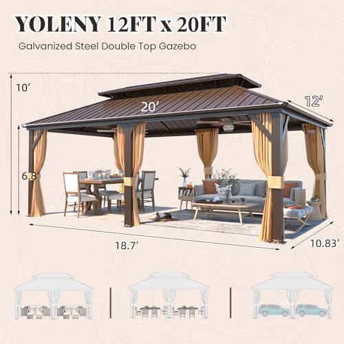 YOLENY 10' x 12' Hardtop Gazebo, Metal Gazebo with Aluminum Frame, Double Galvanized Steel Roof, Curtains and Netting Included