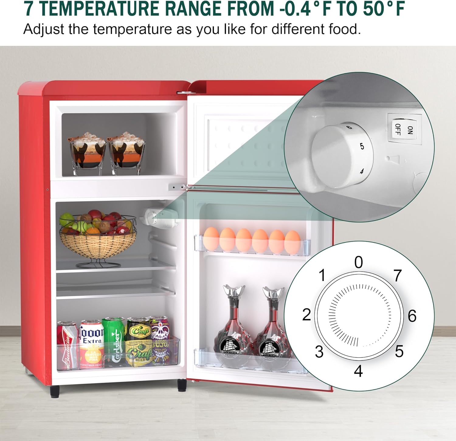 Compact Retro Fridge with Freezer for Bedroom, 4.4 Cu. Ft. Retro Mini Fridge with Separate Freezer