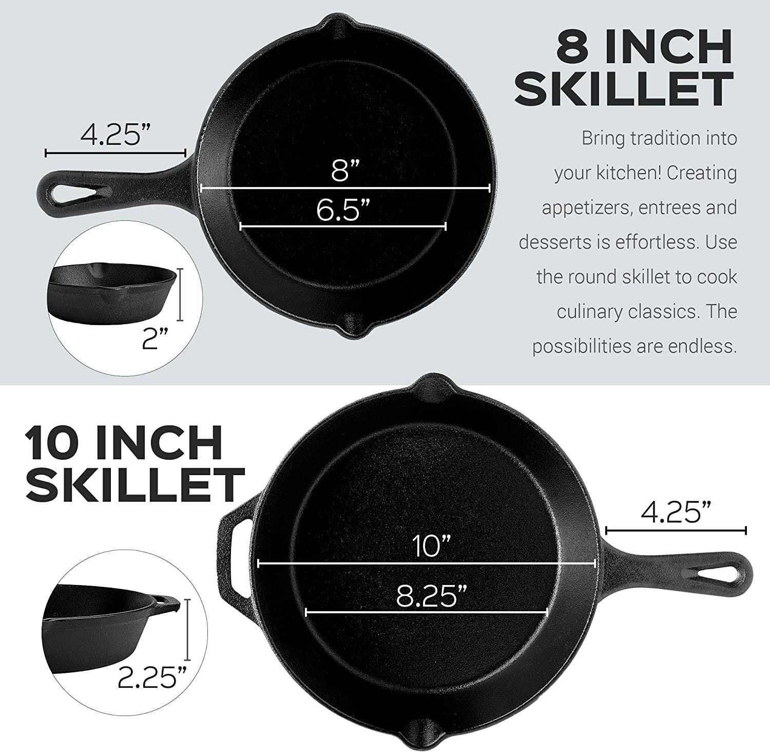 Pre-Seasoned Cast Iron Skillet 3-Piece Chef Set 8-Inch 10-Inch 12-Inch Oven Safe