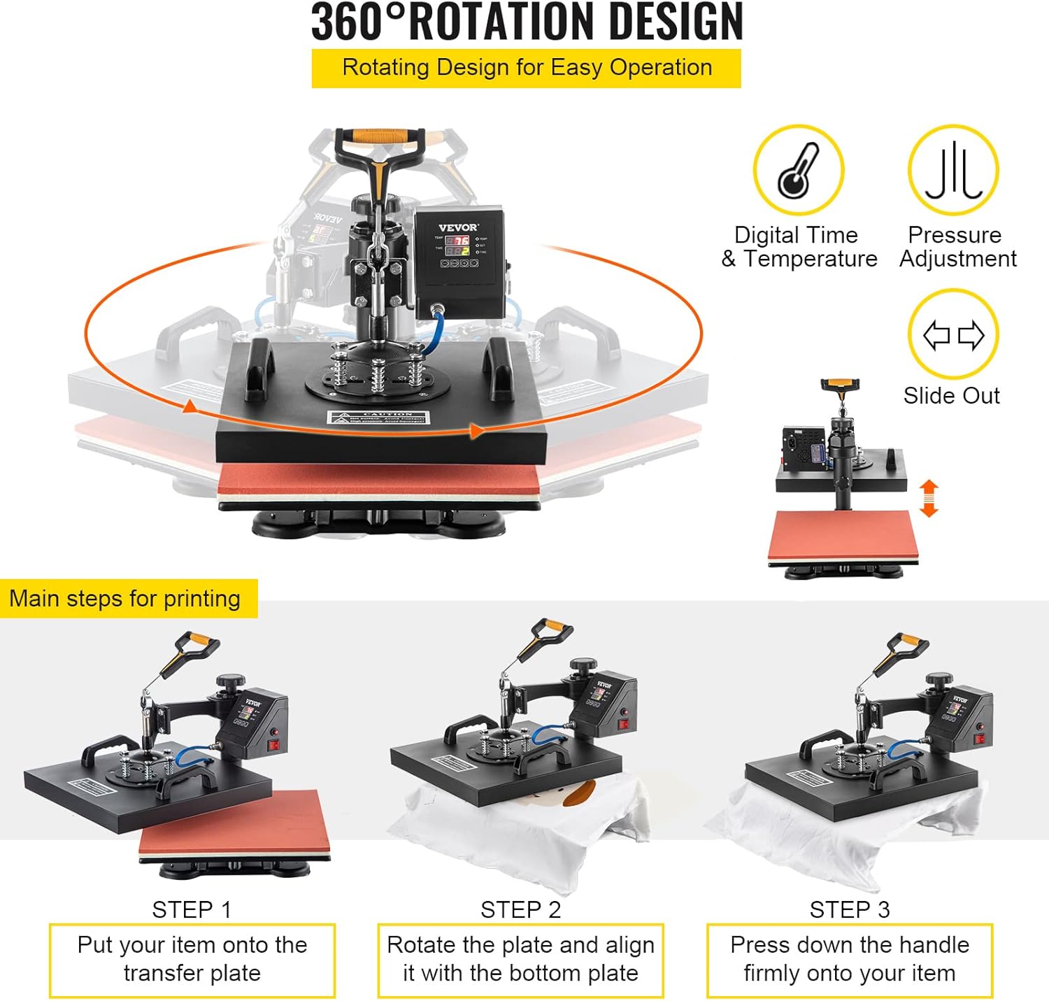 VEVOR Heat Press Machine, 15x15 Inch, 5 in 1 Combo Swing Away T-Shirt Sublimation Transfer Printer with Teflon Coated, Precise Heat Control