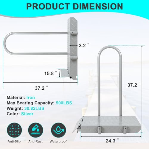 Boat Boarding Platform with Handrail, Dock Extension Step with Safety Grab Bar, Folding Dock Boarding Platform for Marina, Dock, Deck, Boat, Silver
