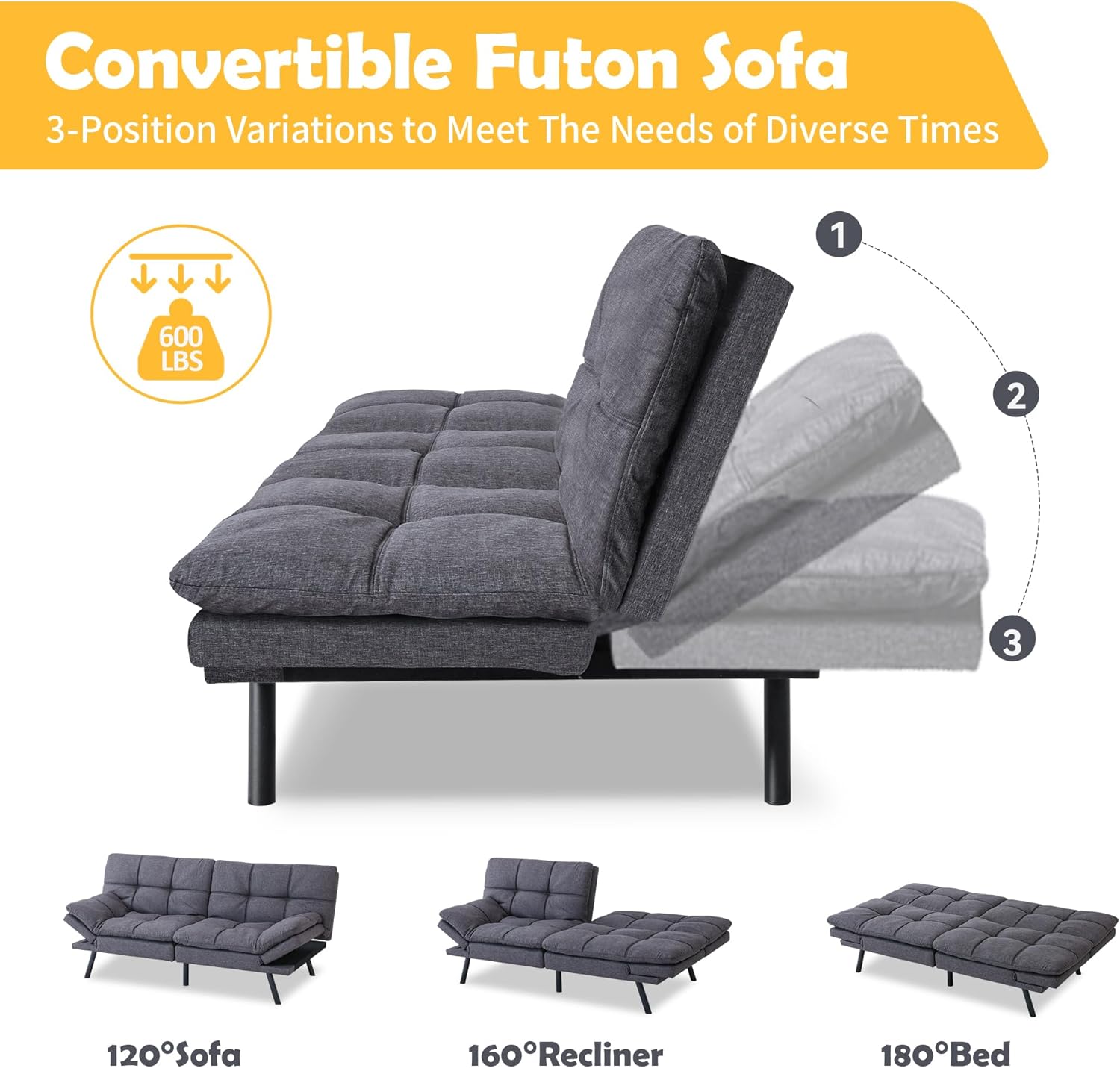 Bed,Grey Linen Futon Couch Small Foldable Loveseat Sofas