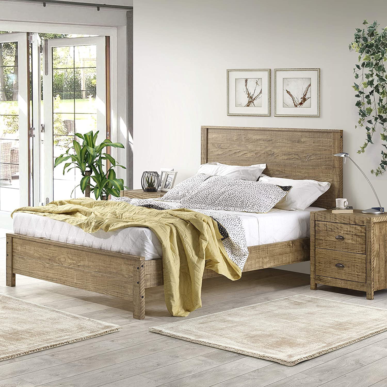 Yes4wood Solid Wood Full Bed Frame with Headboard, Heavy Duty Modern Rustic Full Size Bed Frames