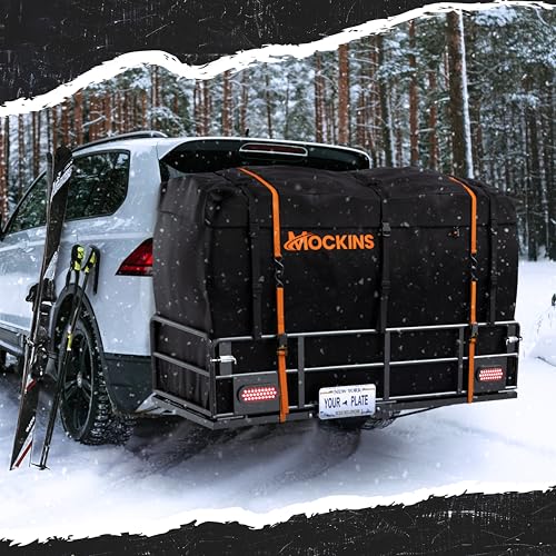 Mockins XL 66"x30"x14" High Rail Folding Hitch Cargo Carrier w/ 45 CuFt Trailer Hitch Cargo Carrier Bag | 500Lbs Cap Luggage Rack for SUV Car & Truck
