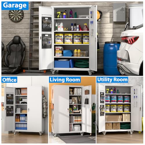 73" H Metal Storage Cabinet with Wheels, Garage Storage Cabinet with 4 Adjustable Shelves and Lockable Doors for Garage Home Office Utility Room