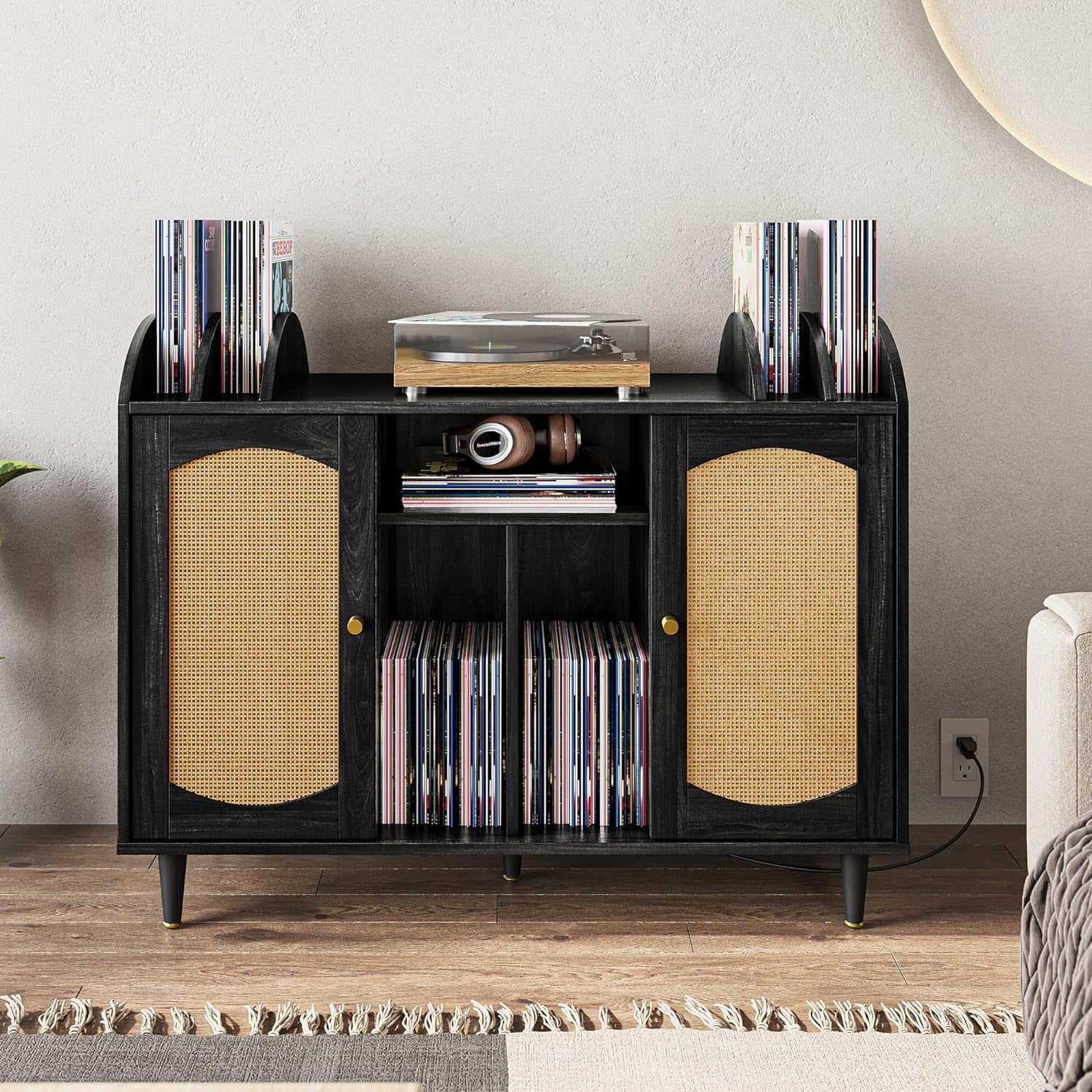 LNboomLife Mid-Century Record Player Stand  Vinyl Record  Cabinet Holds up to 350+ Albums  Rattern Decorated Turntable Stand with Power Outlet for