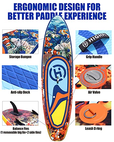 Highpi Inflatable Stand Up Paddle Board Premium SUP Accessories, Backpack, Wide Stance, Surf Control, Non-Slip Deck, Leash, Paddle and Pump