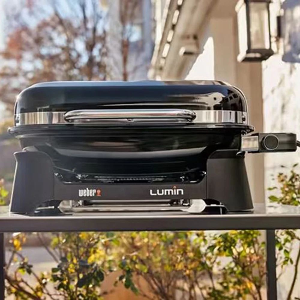 Weber 91010901 Lumin Compact Indoor Outdoor Electric Grill, Black Bundle with Deco Essentials Pair of Red Heat Resistant Oven Mitt