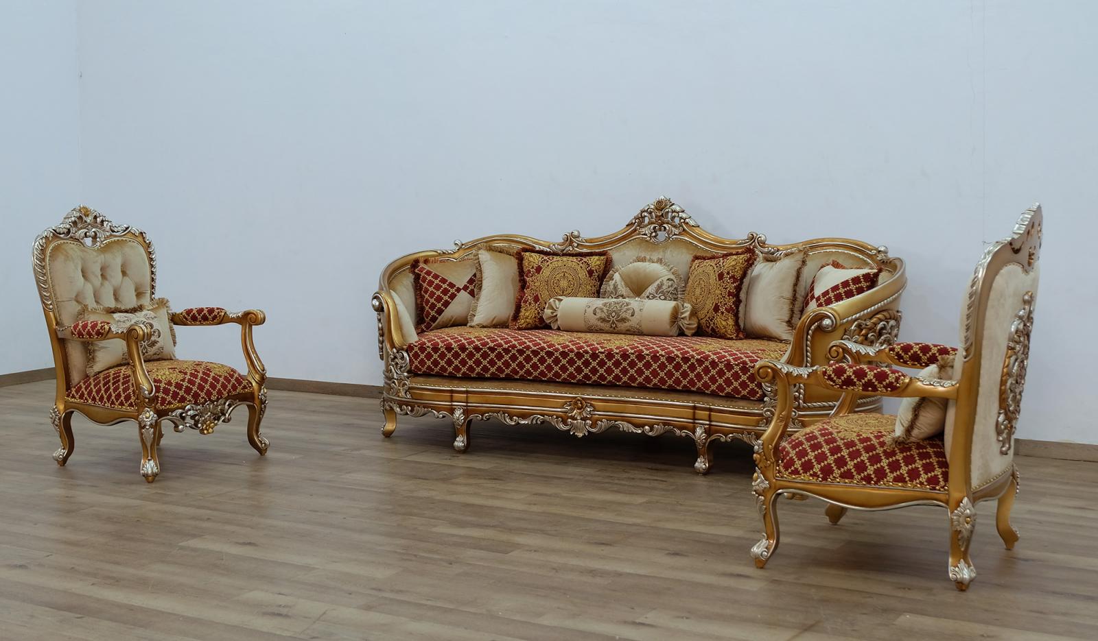 Luxury Red & Gold Wood Trim SAINT GERMAIN Sofa Set 3 EUROPEAN FURNITURE Classic
