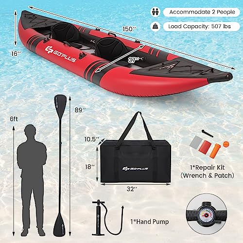 Goplus Inflatable Kayak, 2-person Kayak Set for Adults with 507 LBS Weight Capacity, 2 Aluminium Oars, EVA Padded Seat, 2 Fins, Hand Pump, Carry Bag