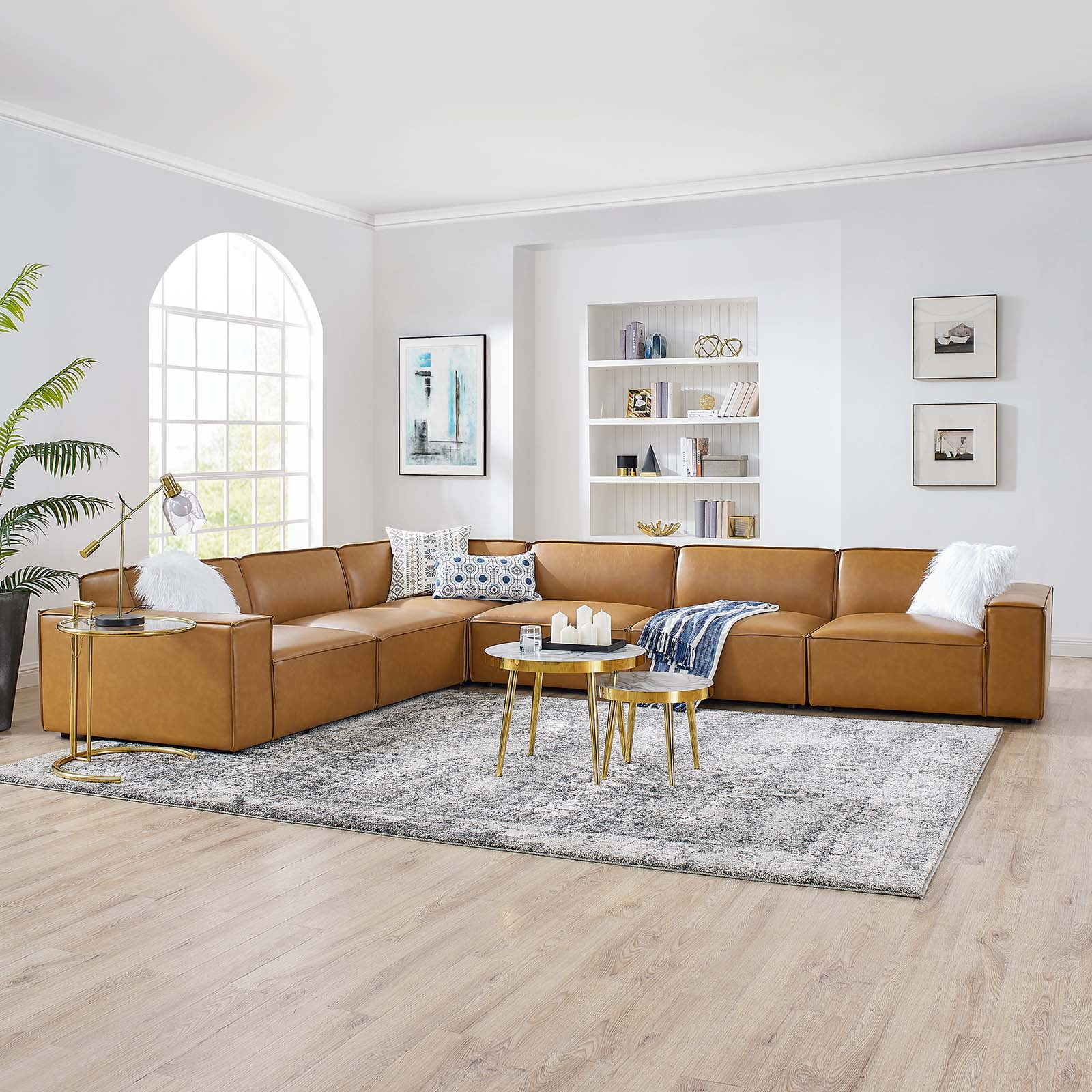 Modway Restore 6-Piece Vegan Leather Sectional Sofa in Tan - Radiant Selections