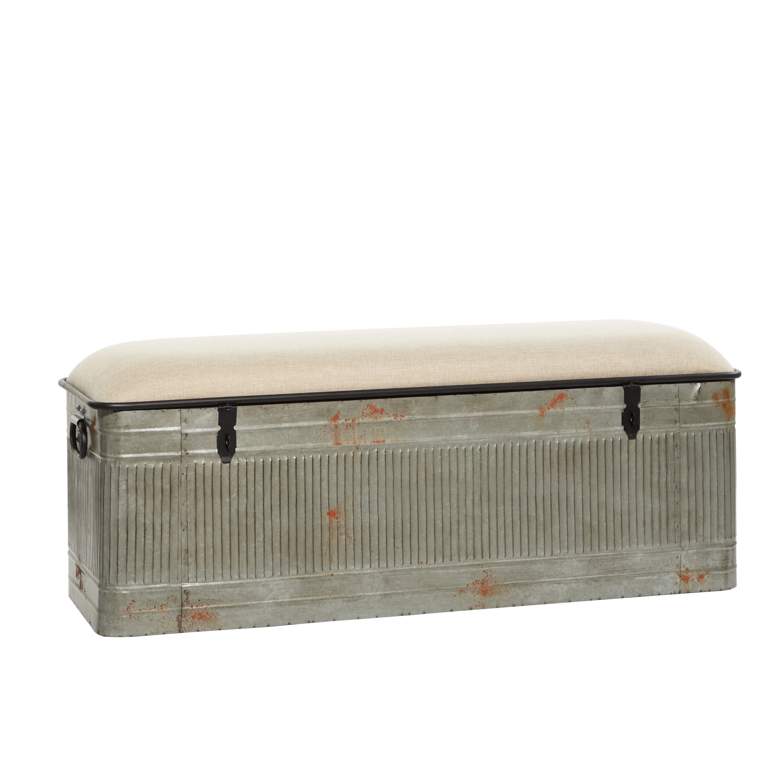 DecMode Metal Galvanized Storage Bench with Cream Burlap Top, Gray