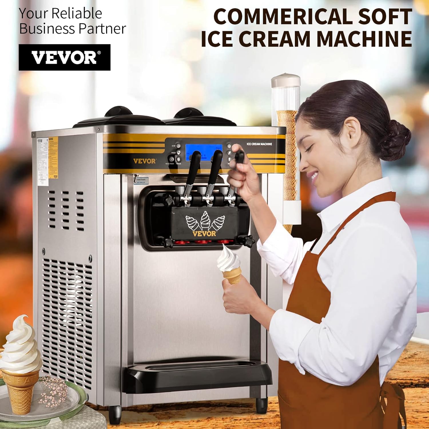 VEVOR Commercial Ice Cream Maker, 22-30L/H Yield, 2350W Countertop Soft Serve Machine with 2x6L Hopper 2L Cylinder LCD Panel Puffing Shortage Alarm
