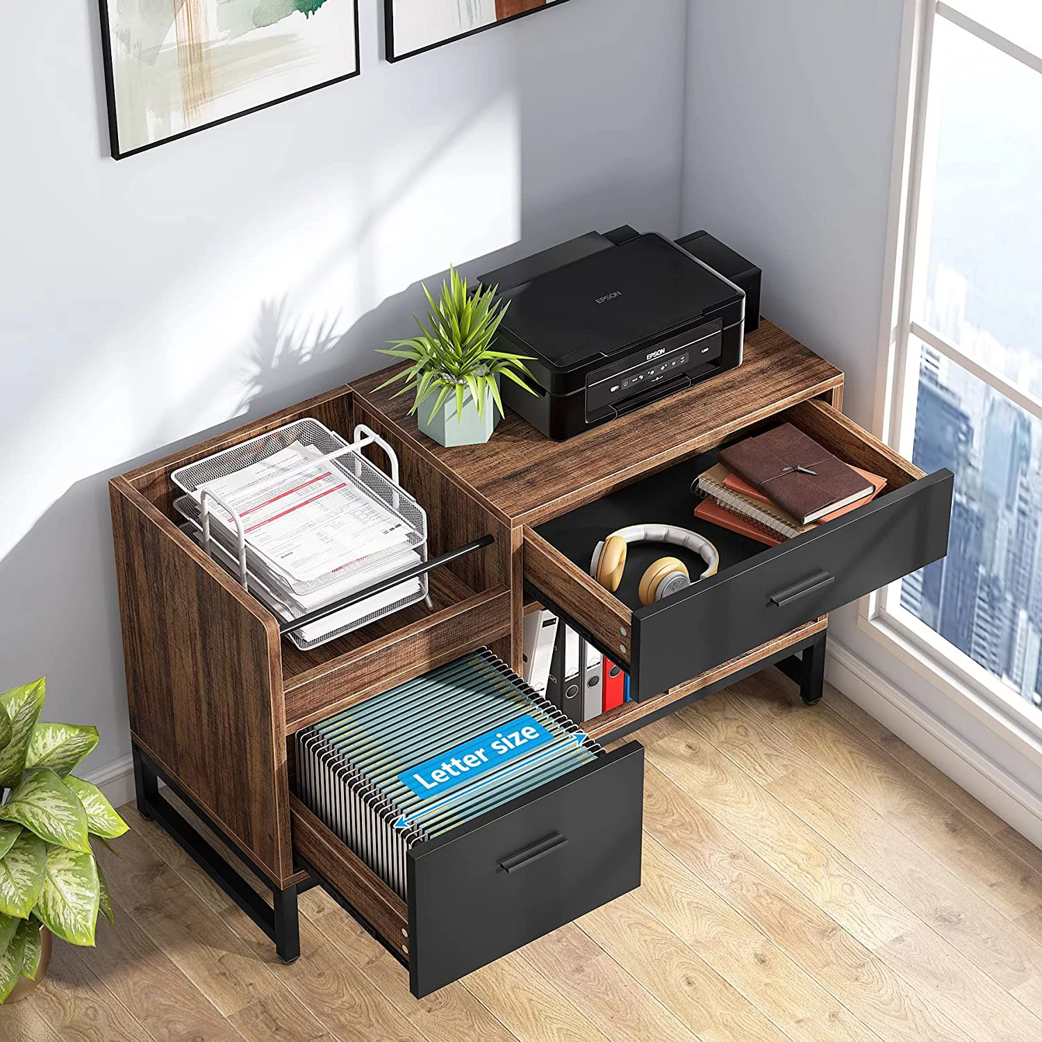 Rustic Lateral Filing Cabinet, 2 Drawers Wood File Cabinet for Home Office