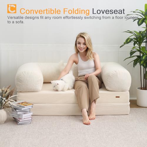 COMAX Folding Sofa Bed, Convertible Chair Bed Corduroy 3-in-1 Foldable Floor Couch with High-Density Foam, Futon Sofa Sleeper Mattress