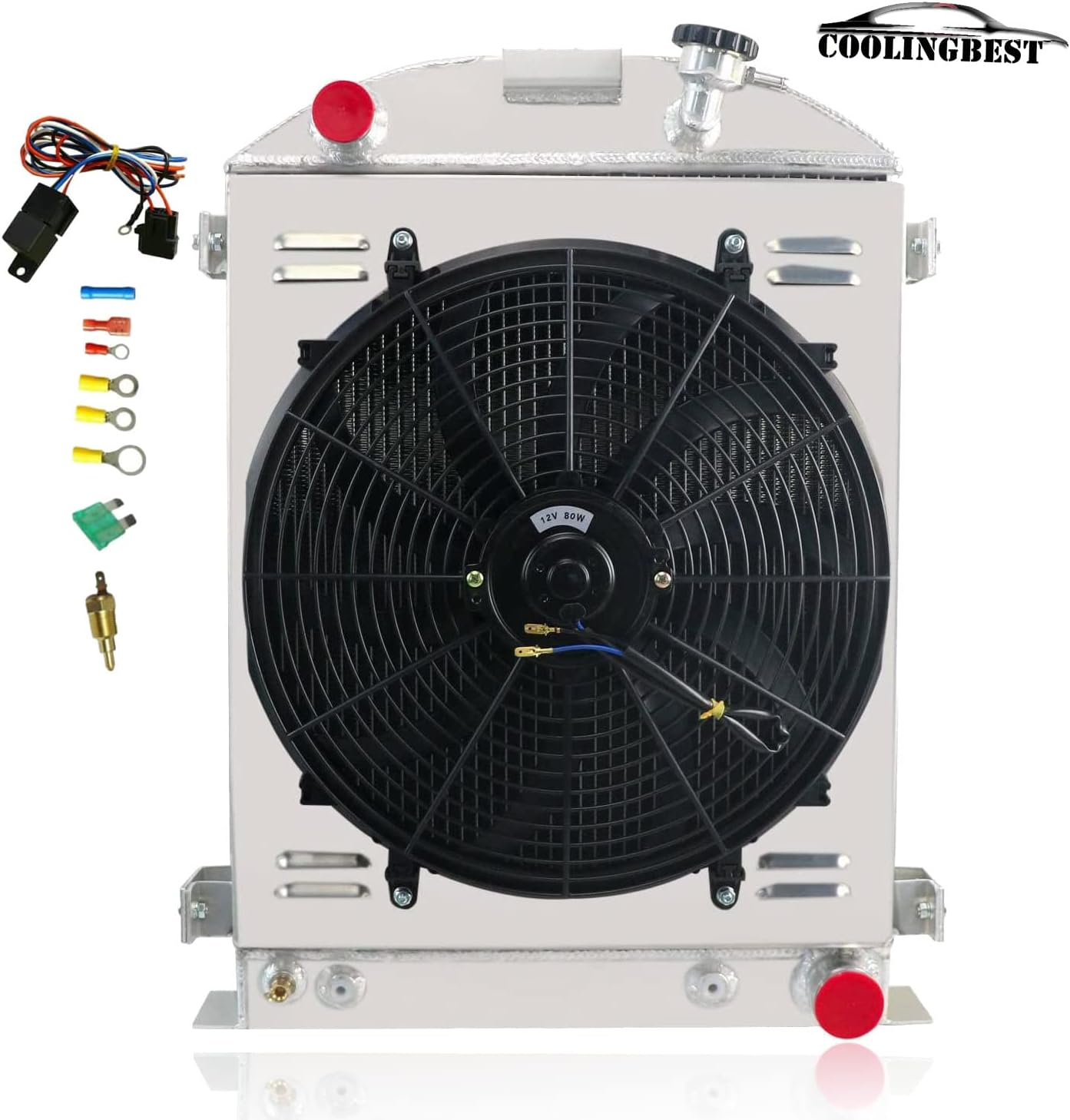 COOLINGBEST 3 Row Aluminum Radiator for 1930-1931 Ford Model A With GM Chevy V8 Engine, Radiators Electric Fan Shroud Thermostat Kit Combo