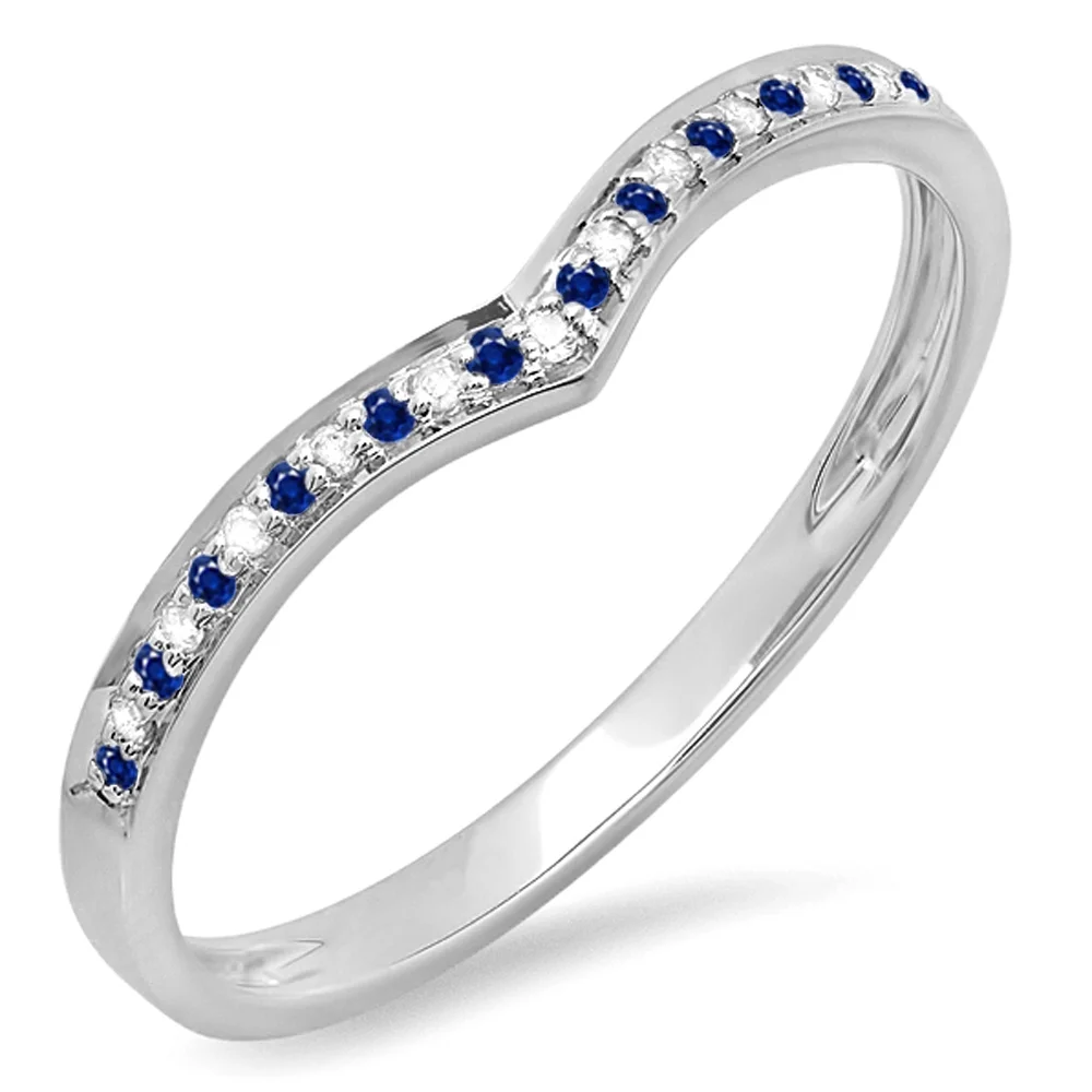 Dazzlingrock Collection 10K Round Blue Sapphire & White Diamond Ladies Wedding Stackable Band Ring, White Gold, Size 7