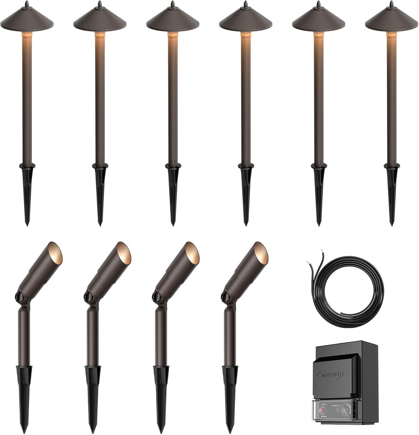 Malibu Landscape Lighting Kit with 150W Low Voltage Outdoor Transformer & 12V Halogen 6PK 10W Bronze Pathway Lights & 4PK Metal 20W Flooding