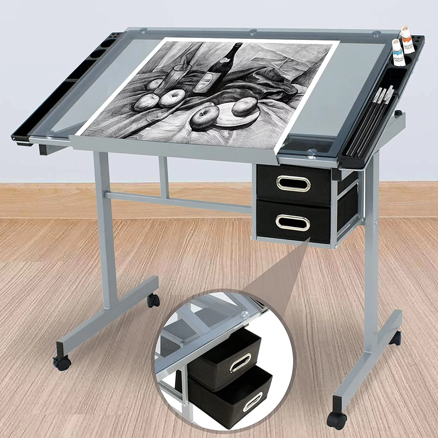 Adjustable Drafting Table Drawing Desk Art Desk Versatile Art Craft Work Station Glass Tabletop w/2 Slide Drawers and Wheels for Reading, Writing