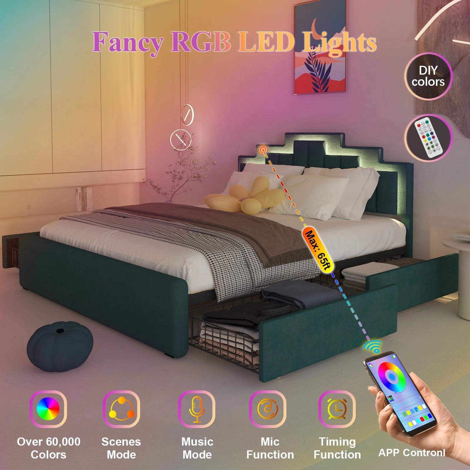 Kallabe Queen Size Bed Frame with Adjustable Headboard, Upholstered Platform Bed with 4 Stoarge Drawers and LED Lights, Luxurious Velvet 60,000 Color