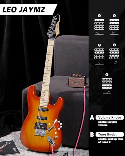 Leo Jaymz 39" Full Size ST Style Electric Guitar Starter Kit with SSH Pickup, 5W Portable Amp, Tuner, Gig Bag, Strap & Accessories (Violet Ocean)