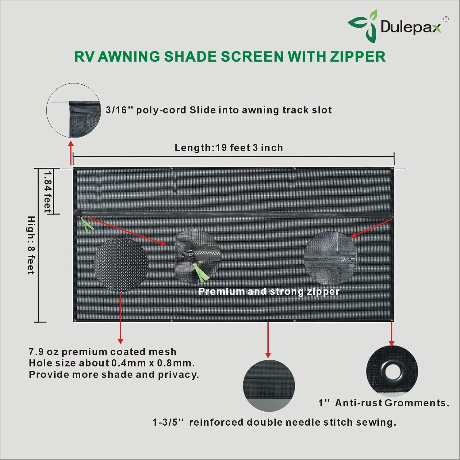 Dulepax RV Awning Shade Screen with Zipper 8'X11'3'' -Second Generation RV Awning Screen Significantly Improves Shadew and Privacy.Universal RV