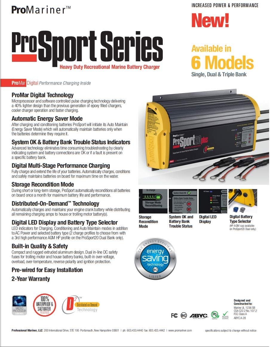 ProMariner ProSport 12 Gen 3 Heavy Duty Recreational Series On-Board Marine Battery Charger - 12 Amp - 2 Bank Consumer Electronics