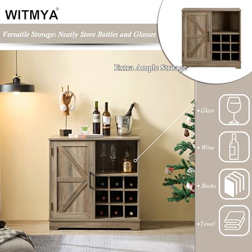 Farmhouse Coffee Bar Cabinet Bar Cabinet with Wine Rack Barn Door Buffet Sideboard Cabinet with Drawer, Adjustable Storage Shelves