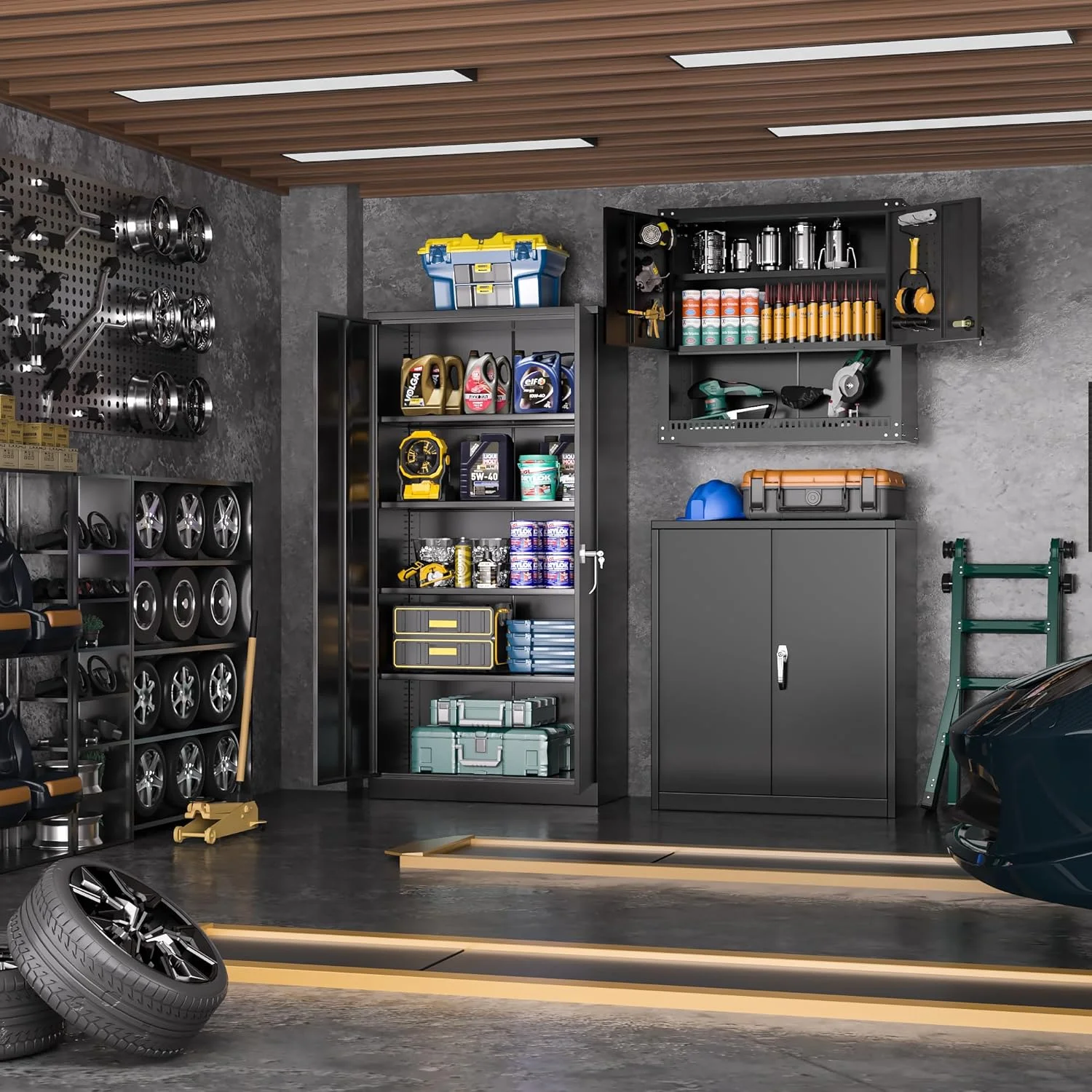 Metal Garage Storage Cabinet with Lock, 72" H Storage Cabinets with Doors and Adjustable Shelves, Black Lockable Steel Supply Cabinet for Home Office