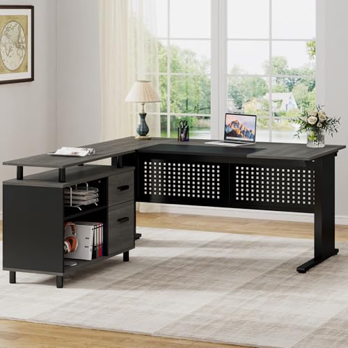 Tribesigns 63 Inch Executive Desk with File Cabinet, Large Office Desk L Shaped Computer Desk with Drawers and Storage Shelves