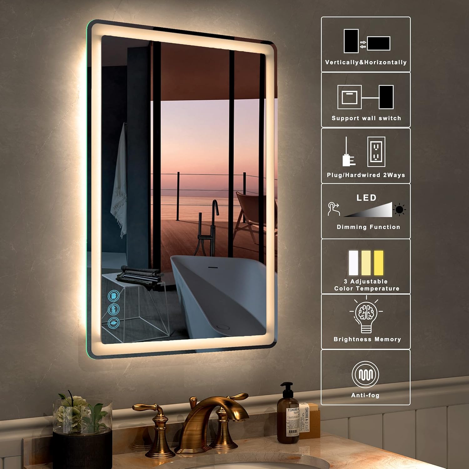 LED Bathroom Mirror for Wall - JORYOO 36x24 Inch Anti-Fog Bathroom Mirror with Lights - Lighted Bathroom Mirror