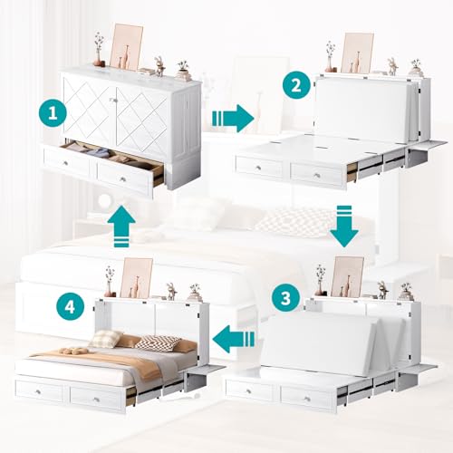 BALUS Murphy Bed Cabinet, 63" W Queen Cabinet Cube Chest Bed with Tri-fold Mattress, Charging Station