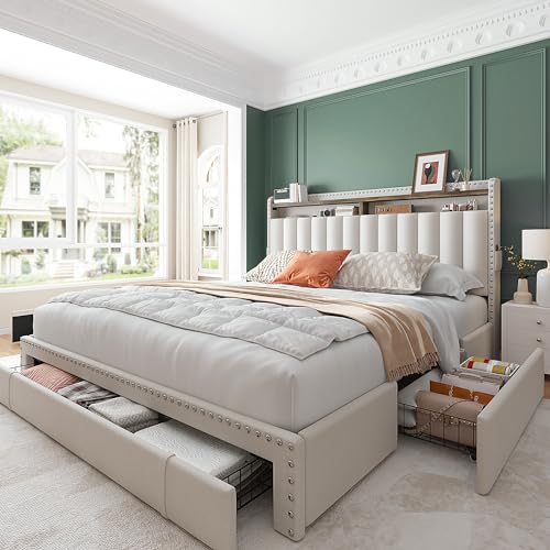 EnHomee Queen Bed Frame with 3 Storage Drawers, Upholstered Bed Frame Queen Size with 2-Tier Storage Headboard, Wooden Slats, No Box Spring Needed